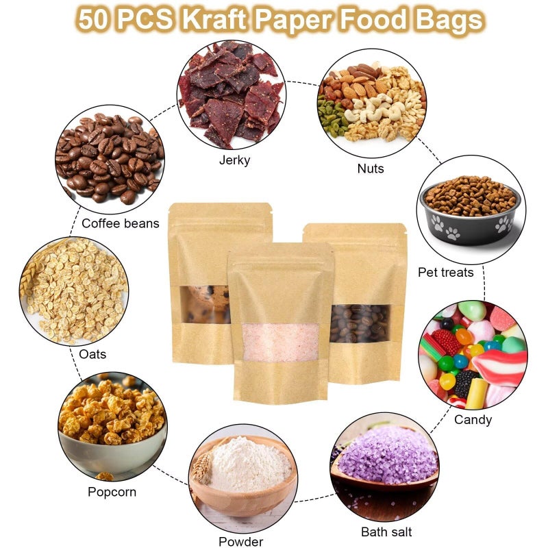 Blisstime Stand Up Pouches, 50 Pack Kraft Paper Bags with Matte Window and Tear Notch Resealable Bags for Small Business Home Use (2.5 x 4.3 Inches) - Image 4